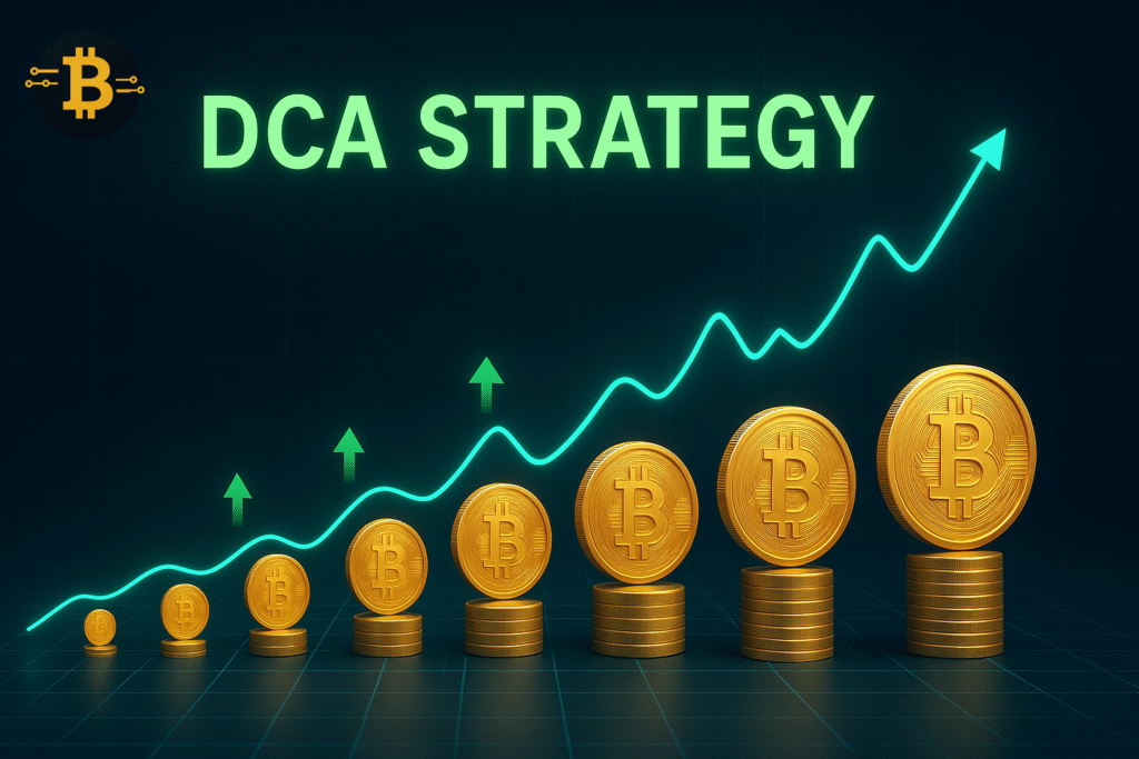 Visual explanation of dollar-cost averaging Bitcoin showing monthly purchases over time with price volatility