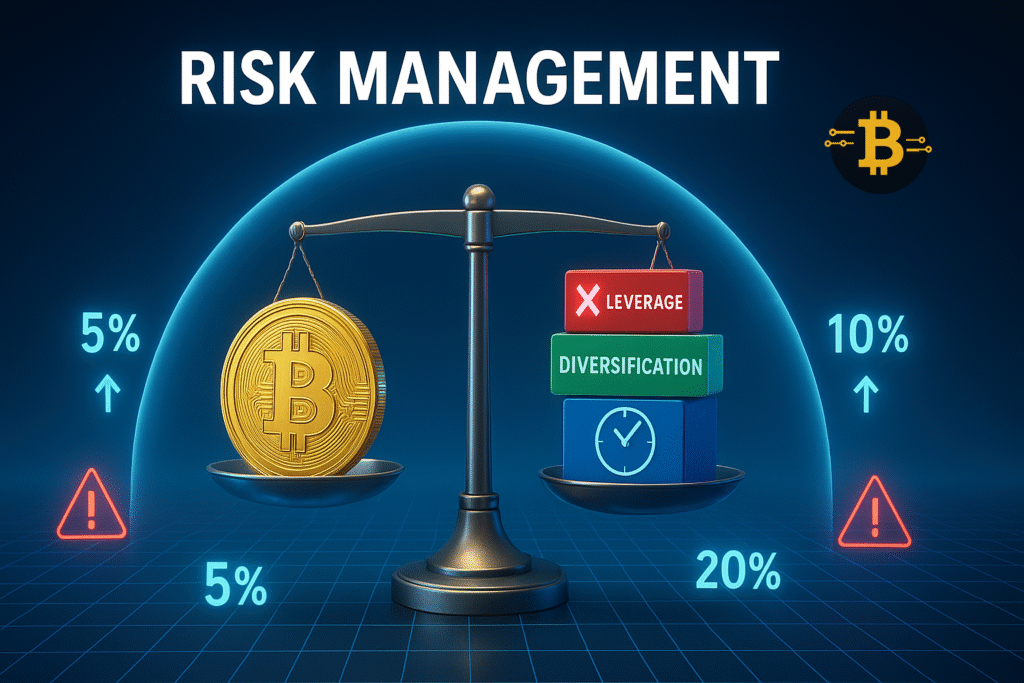 Infographic showing key risk management principles for beginner Bitcoin investors including allocation percentages and safety rules