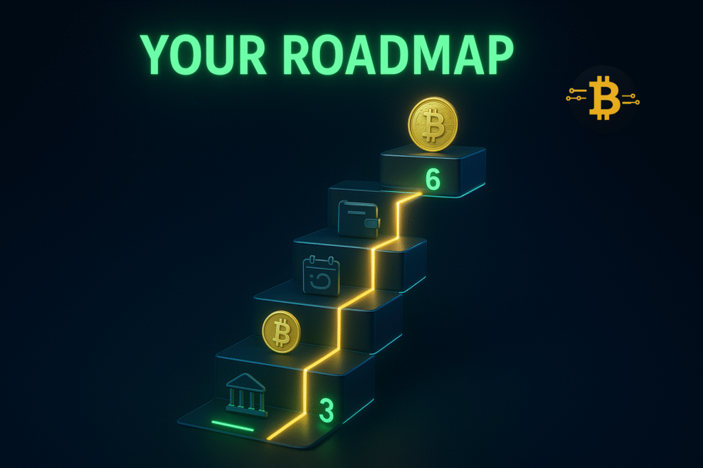 Visual roadmap showing 6 steps for beginners to start investing in Bitcoin safely from exchange selection to long-term holding