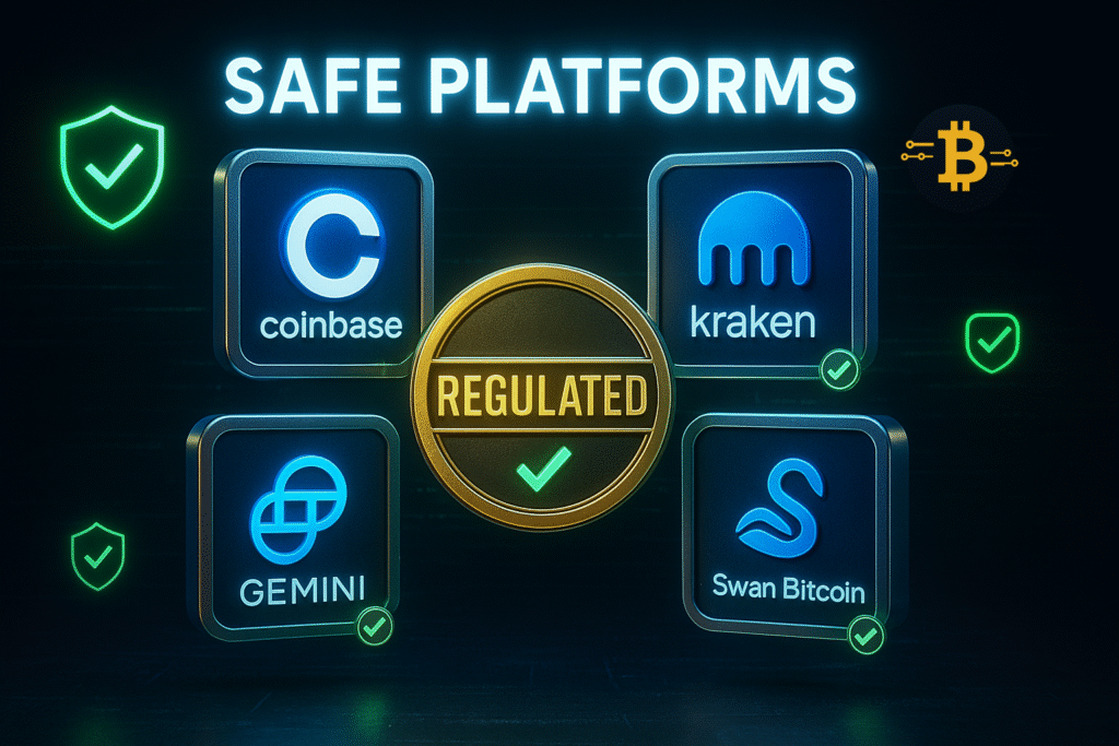Comparison of safest Bitcoin exchanges for beginners including Coinbase Kraken Gemini and Swan Bitcoin with security features