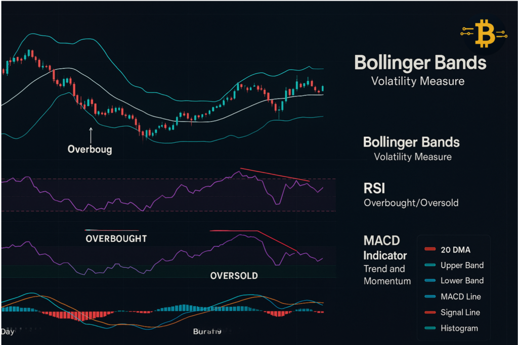 Crypto trading indicators for beginners - Bollinger Bands volatility, RSI overbought oversold, and MACD momentum on Bitcoin chart