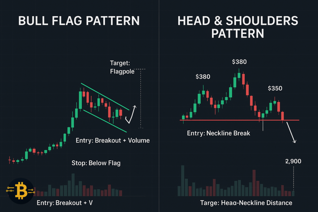 Crypto chart patterns with entry exit strategy - bull flag continuation pattern and head shoulders reversal on Bitcoin Ethereum