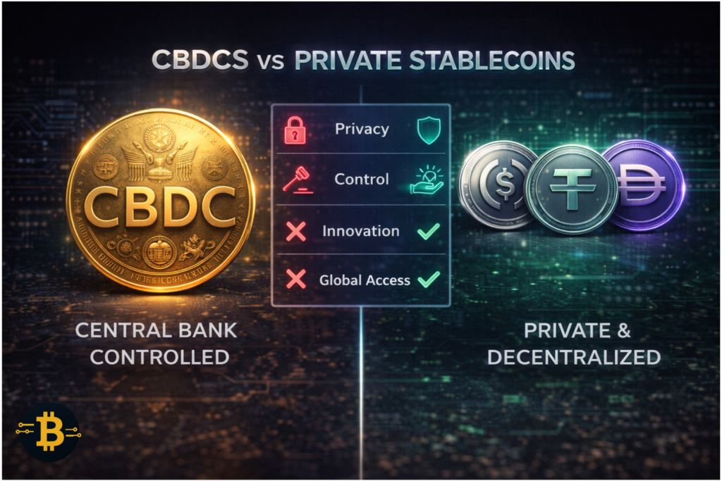 Stablecoin vs CBDC comparison - differences between central bank digital currencies and private stablecoins explained