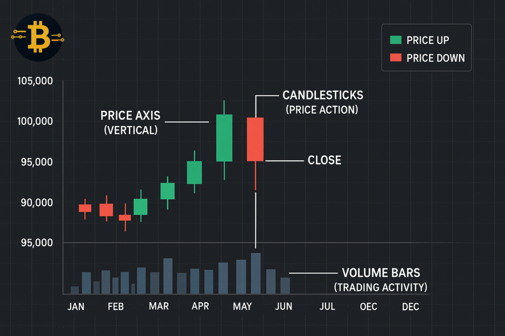 Cryptocurrency chart components explained - price axis, time axis, candlesticks and volume bars labeled for beginners