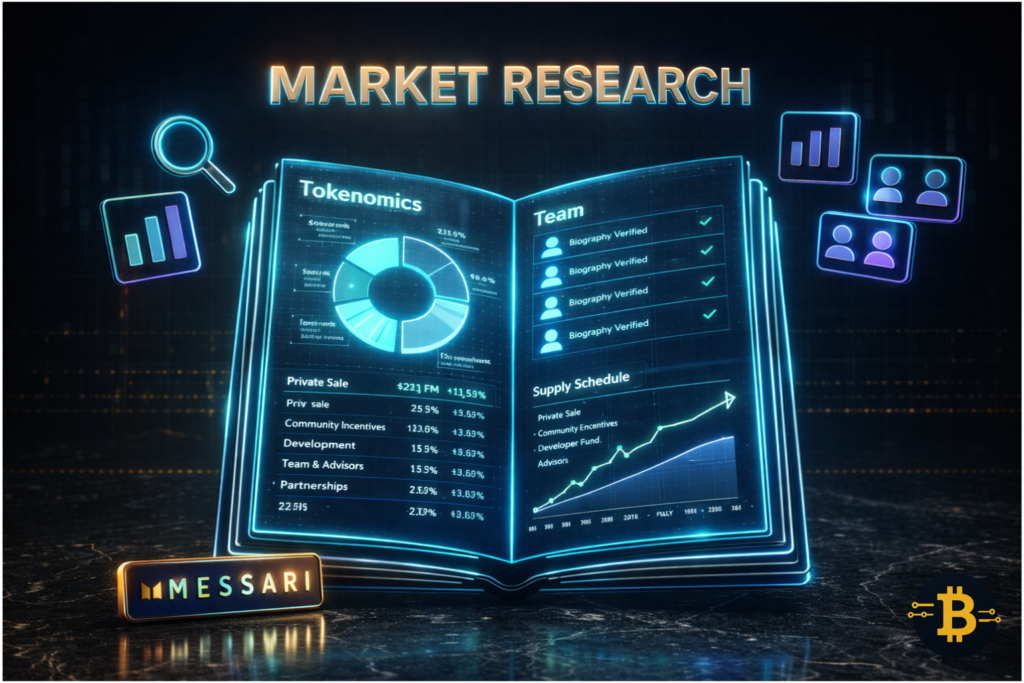 Crpto trading tools - Crypto market research tools Messari showing tokenomics fundamental analysis and team verification