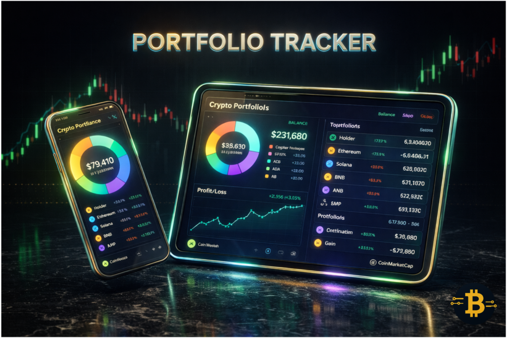 Crypto trading tools -Crypto portfolio tracking tools CoinGecko and CoinMarketCap showing real-time profit and loss calculations