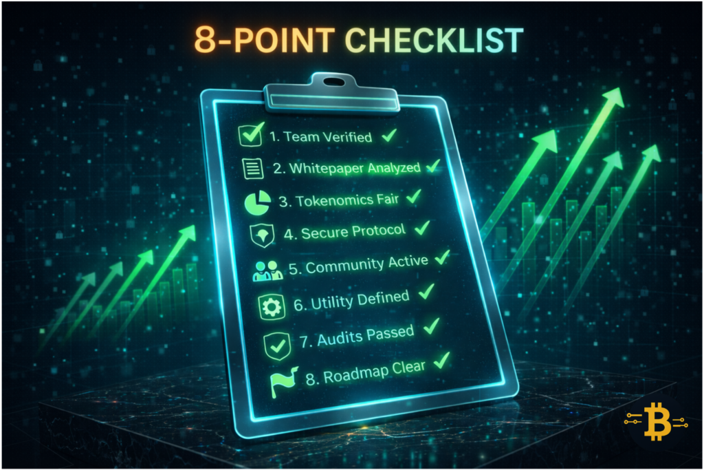 Complete crypto project evaluation checklist with 8-point verification system for identifying legitimate projects