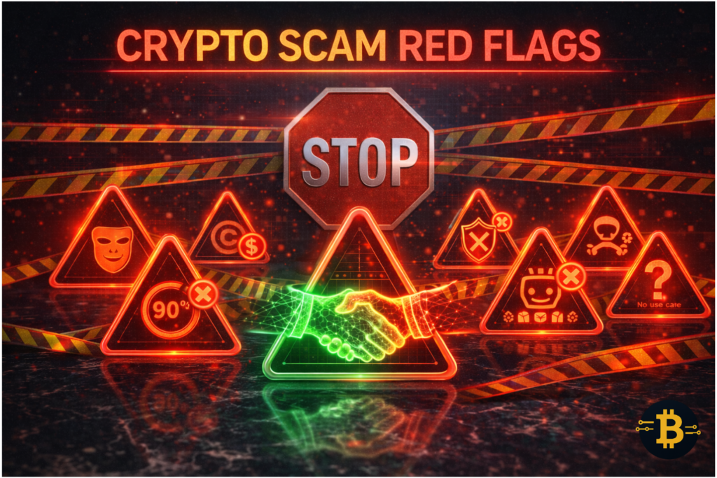 Crypto scam red flags warning signs including anonymous team rug pull indicators and exit scam signals