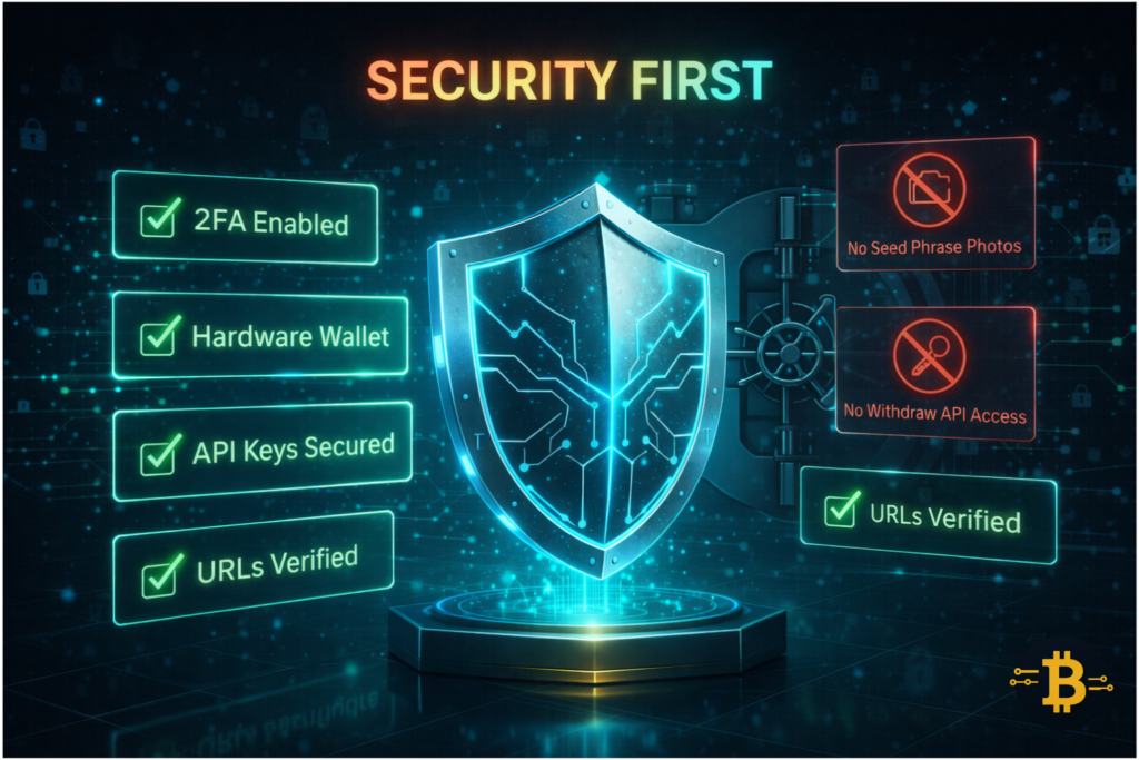 Crypto security checklist showing 2FA API key safety and hardware wallet best practices