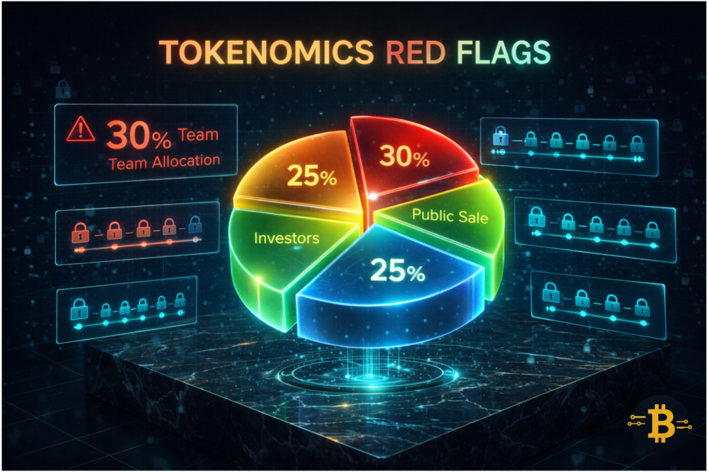 Crypto tokenomics red flags showing token distribution pie chart with excessive team allocation warnings