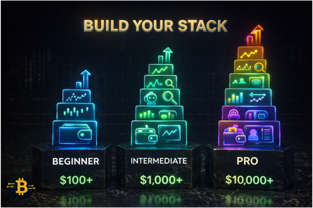 Crypto trading tool stack comparison showing beginner intermediate and professional trader setups with costs