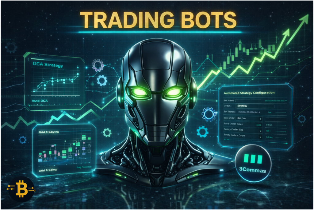 Crypto trading tools - Crypto trading bots automation showing DCA grid trading and take-profit strategies with 3Commas