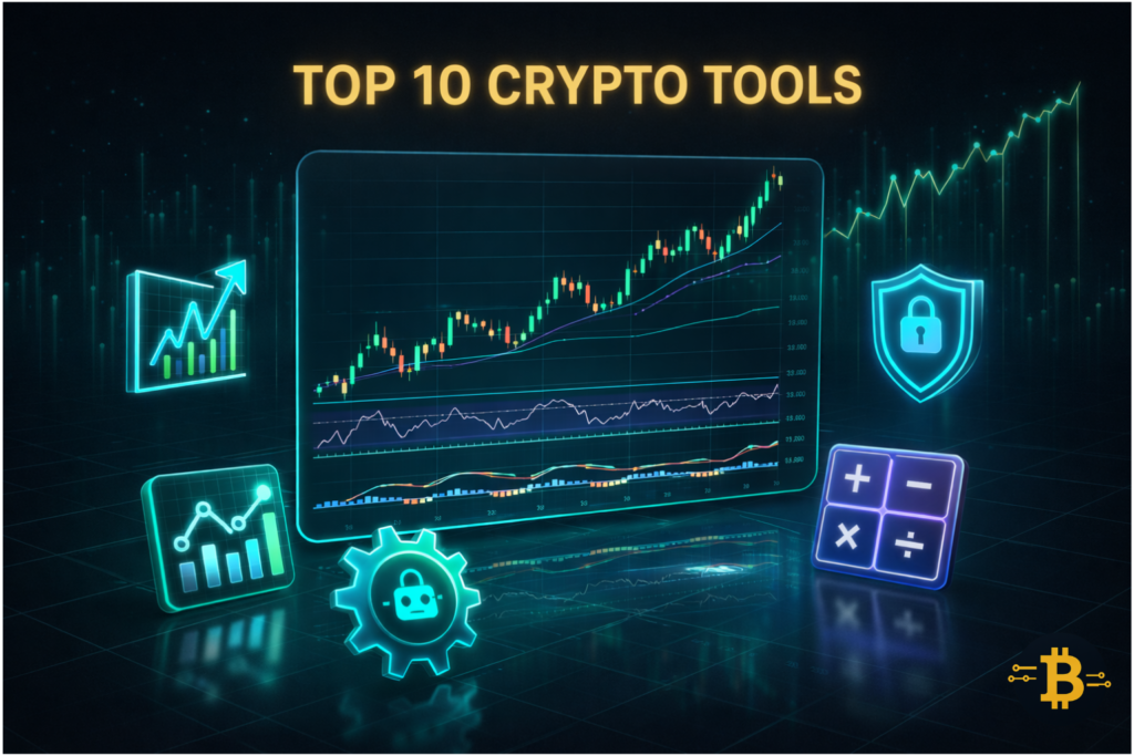 Top 10 crypto trading tools visualization showing TradingView charts, wallet security, trading bots, and analytics platforms in futuristic 3D render