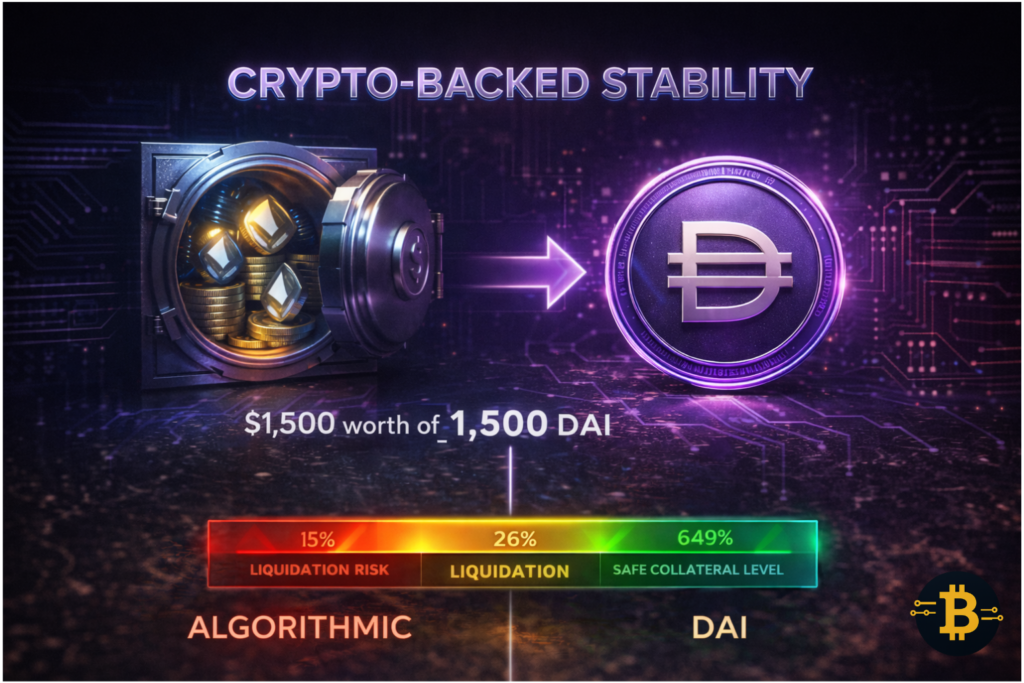 Crypto-backed stablecoins explained - DAI over-collateralization mechanism showing how Ethereum backs stable value at dollar peg