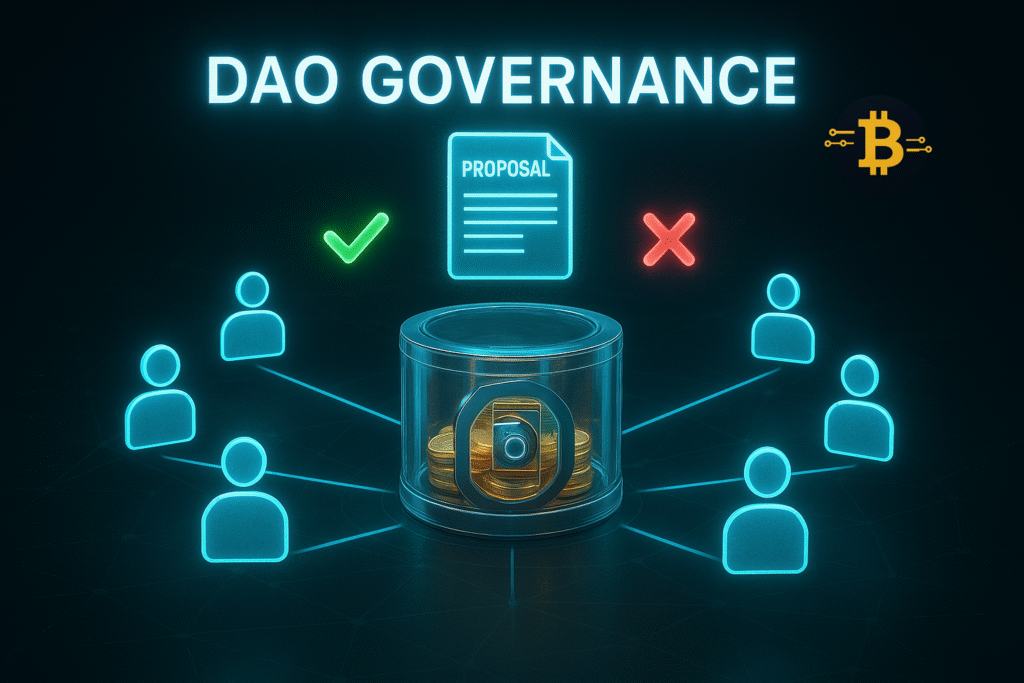 Visual representation of DAO governance using smart contracts for decentralized voting and treasury management
