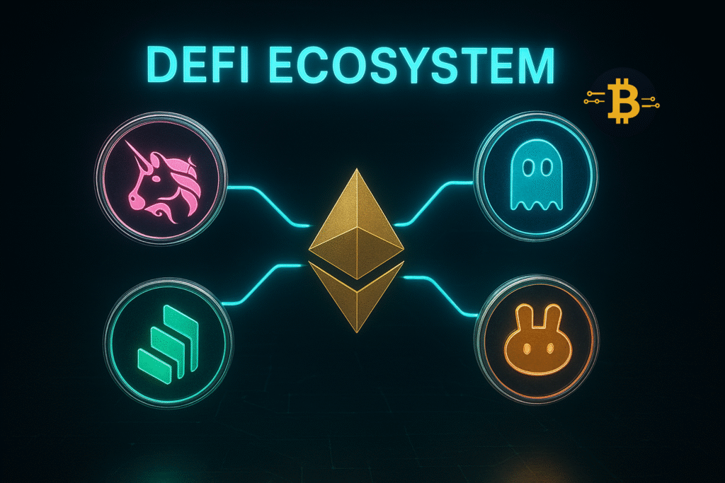 Visual showing major DeFi platforms powered by smart contracts including Uniswap Aave and Compound