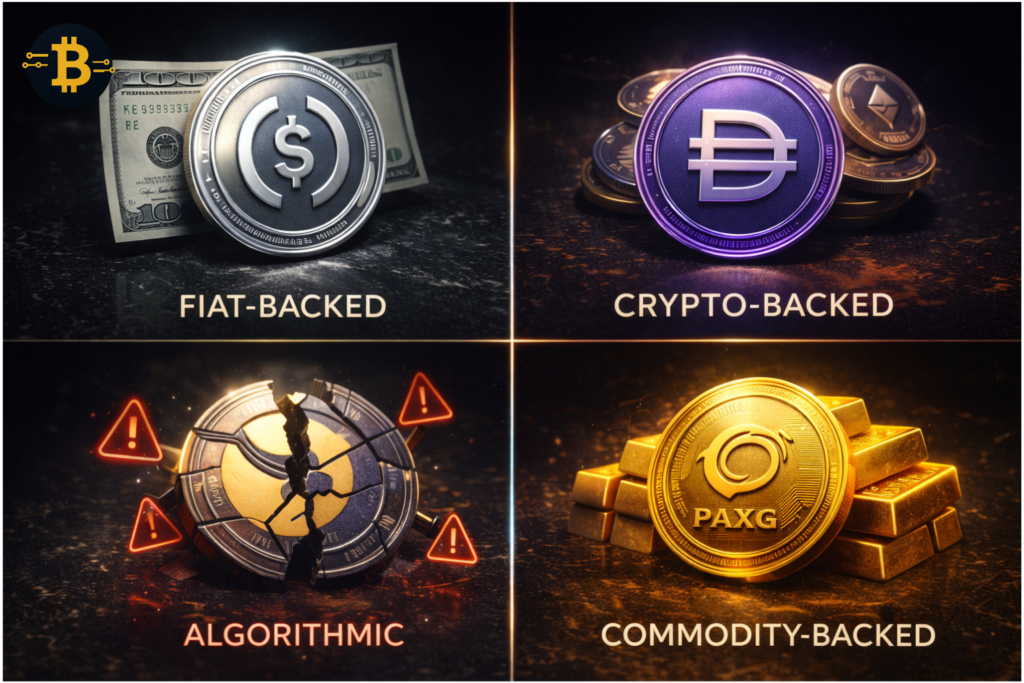 Types of stablecoins explained - four categories including fiat-backed USDC crypto-backed DAI algorithmic and commodity-backed stablecoins