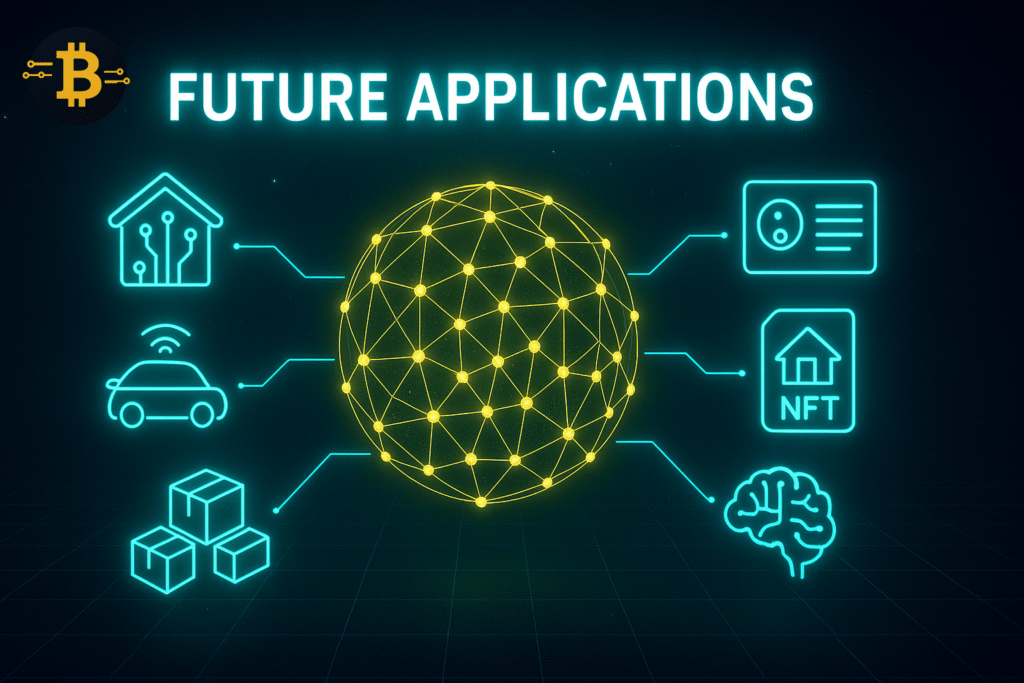 Visualization of future smart contract applications including IoT supply chain digital identity and real estate