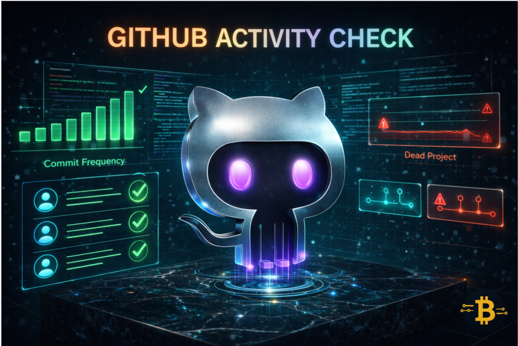 GitHub development activity check showing active commits versus dead crypto project comparison