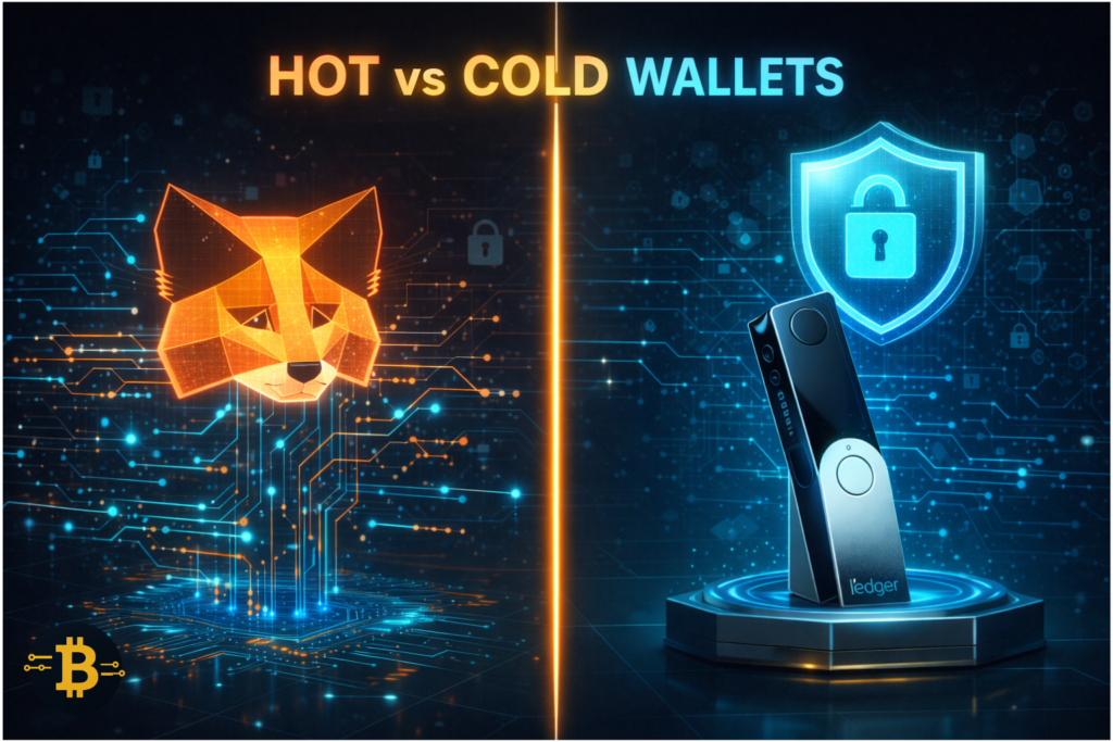 Crypto trading tools -Hot wallet vs cold wallet comparison showing MetaMask software wallet and Ledger hardware wallet security