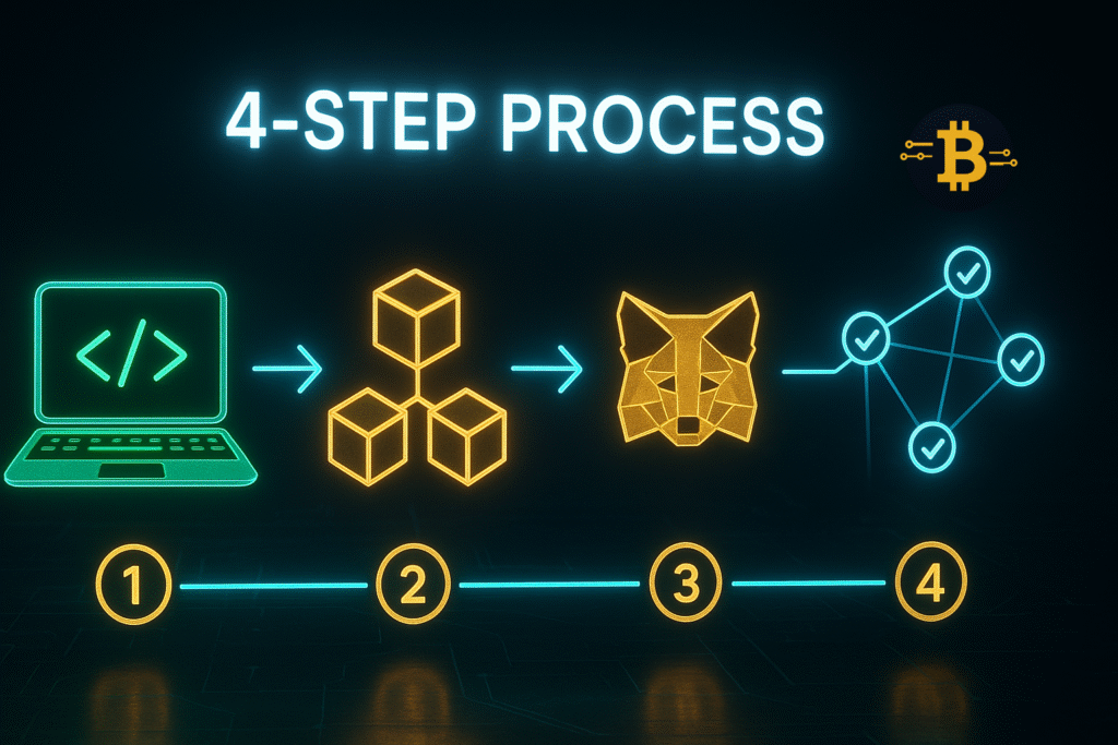 Step-by-step diagram showing how smart contracts work from code writing to blockchain execution