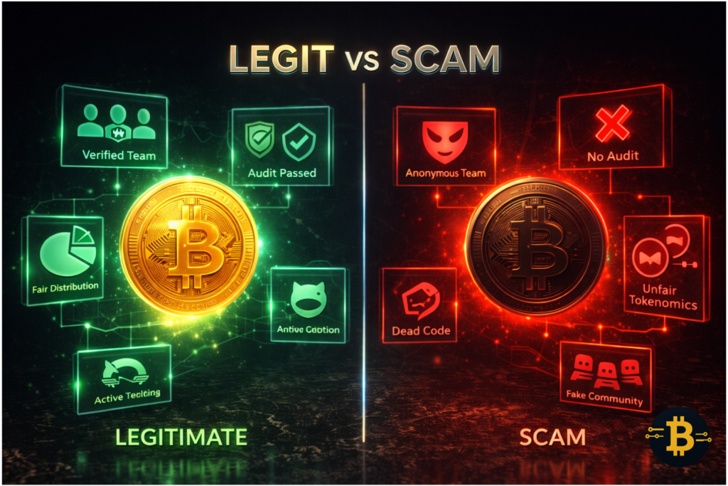 Legitimate crypto project versus scam comparison showing verification indicators and warning signs