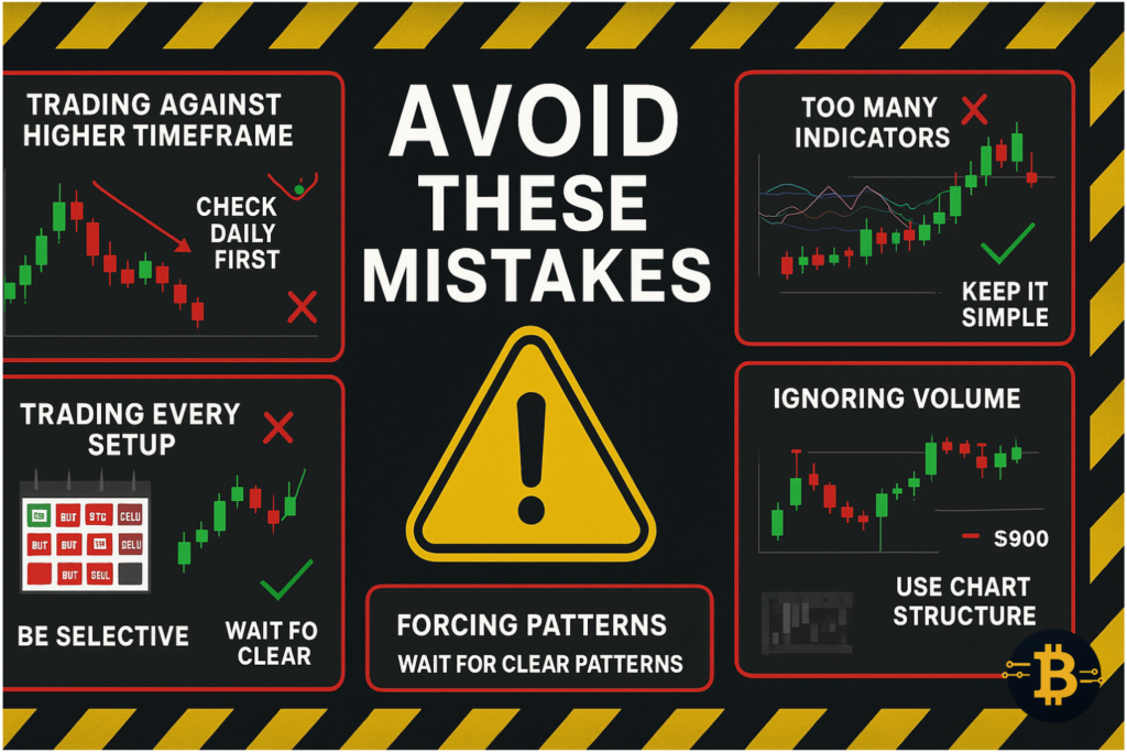 Common crypto chart reading mistakes to avoid - trading against trend, too many indicators, ignoring volume, tight stop losses