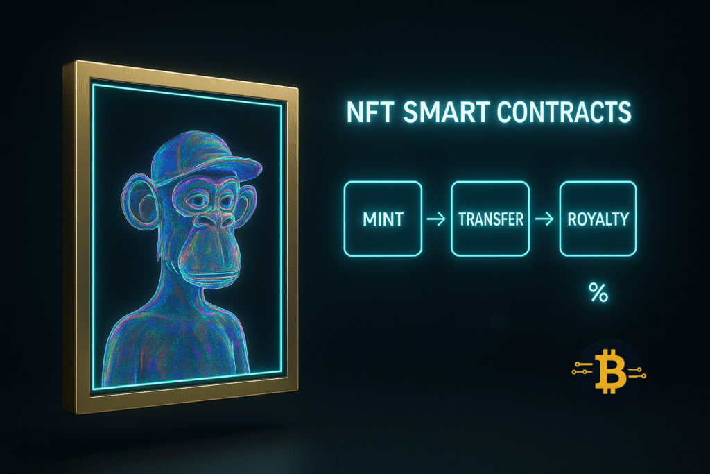 Illustration of NFT smart contracts showing minting transfer and automated royalty payments