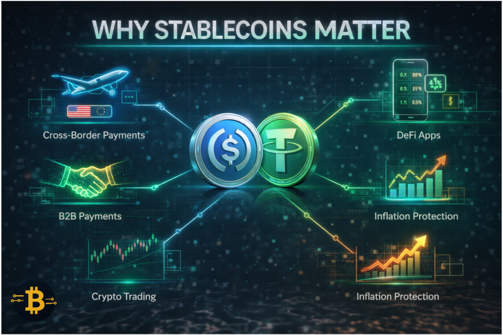 Why use stablecoins - real-world applications including cross-border payments DeFi yields crypto trading and inflation protection