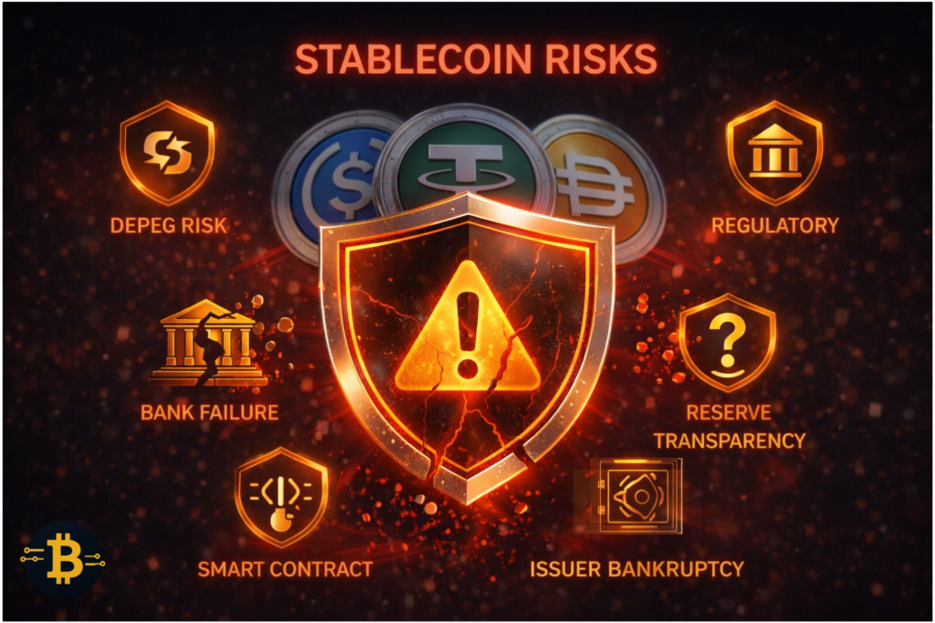 Stablecoin risks explained - depeg events regulatory uncertainty bank failures and smart contract vulnerabilities to understand