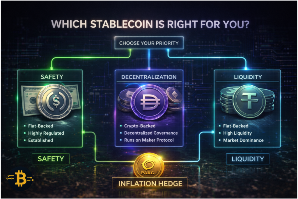 Best stablecoins comparison - decision tree for choosing between USDC USDT DAI and PAXG based on safety liquidity and decentralization