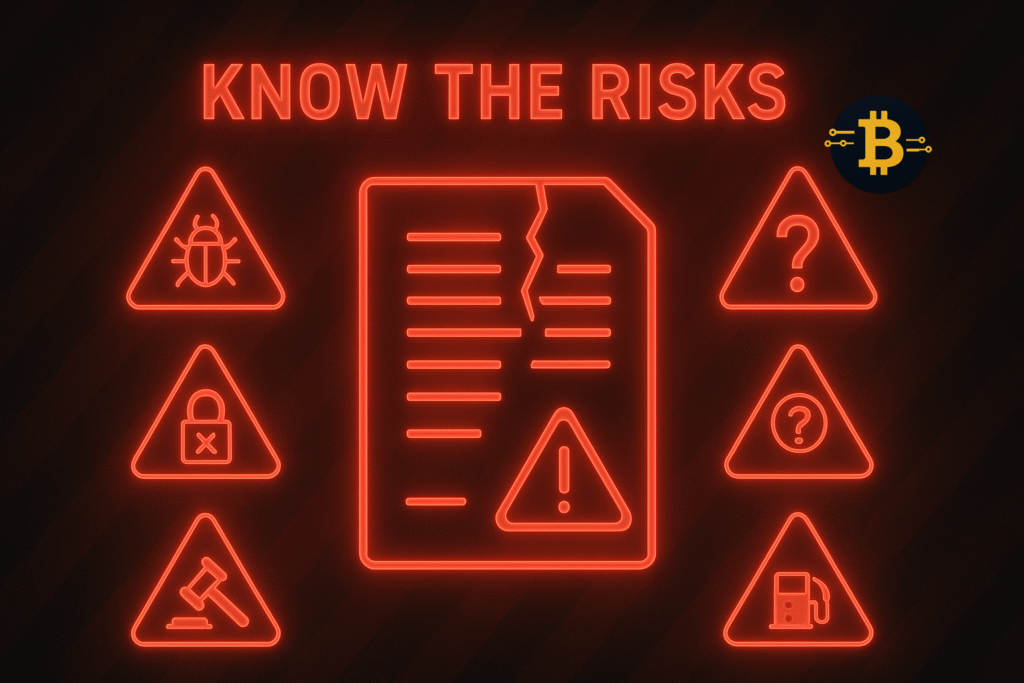 Infographic showing six major risks and limitations of smart contracts including code bugs and immutability challenges