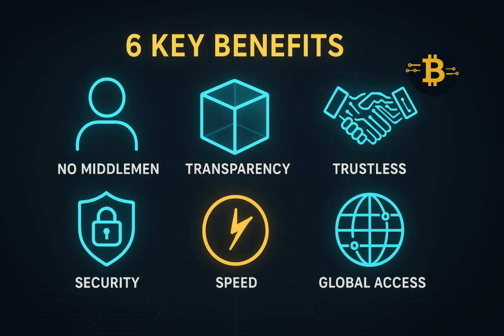 Infographic showing six key benefits of smart contracts including automation transparency trustlessness and security