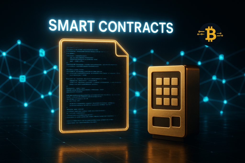 Beginner's guide explaining what smart contracts are with visual representation of self-executing blockchain programs