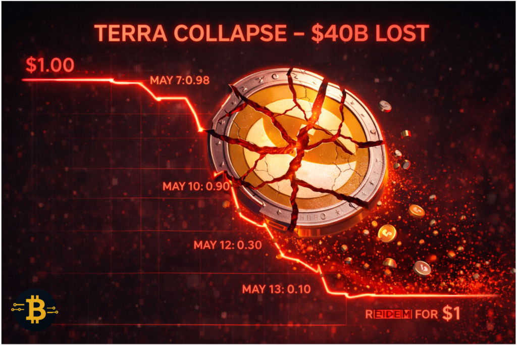 Algorithmic stablecoin collapse - Terra UST depeg timeline showing how algorithmic stablecoins failed in May 2022 crisis