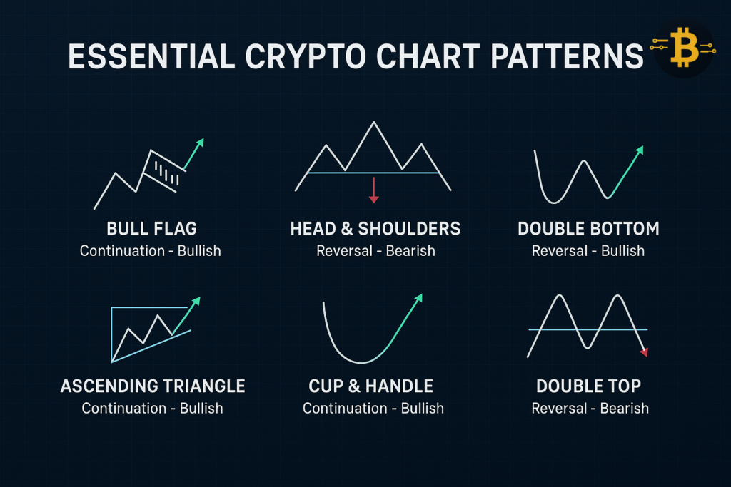 Essential crypto chart patterns - bull flag, head and shoulders, double bottom, ascending triangle, cup and handle, double top