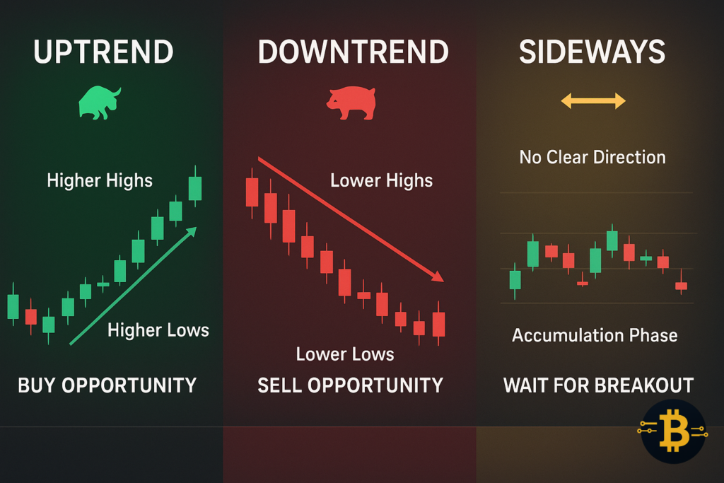 Cryptocurrency market trends explained - uptrend bull market, downtrend bear market and sideways consolidation comparison