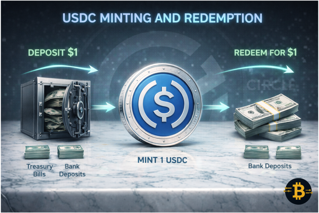 How do stablecoins work - USDC fiat-backed stablecoin minting and redemption mechanism with dollar reserves diagram