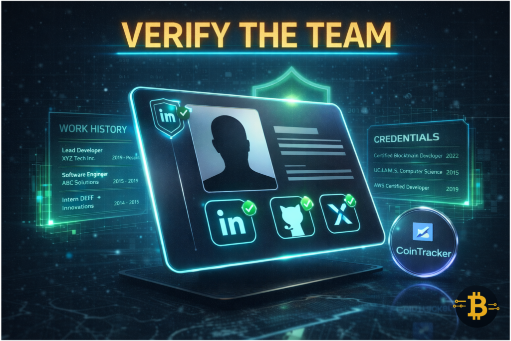 Verify crypto project team on LinkedIn showing profile verification badges and credential checking process