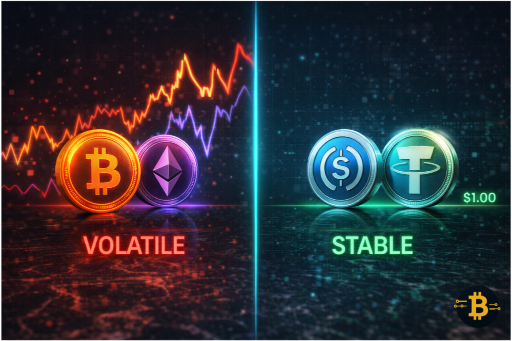 How stablecoins work - comparison between volatile cryptocurrencies and stable digital currencies maintaining one dollar peg