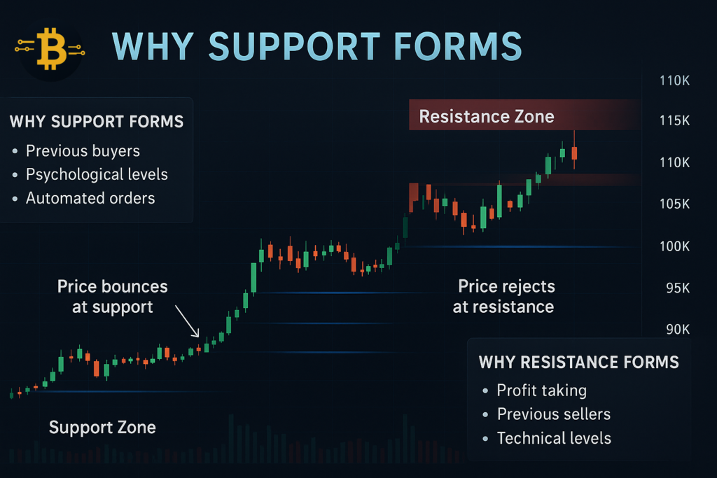 Crypto support and resistance levels on Bitcoin chart - blue support zones and red resistance zones with price bounces